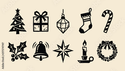 Christmas Linocut Icon Set for Holiday Branding and Seasonal Graphic Design