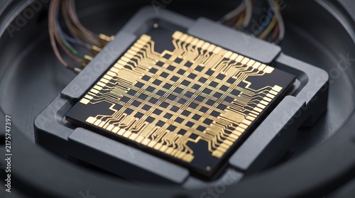 Close-up of a high-tech electronic sensor chip with gold contact pathways