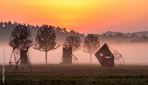 Abandoned farm equipment in misty field.