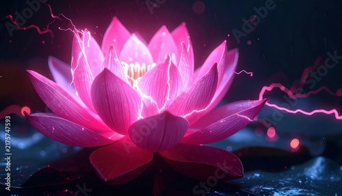 Glowing pink lotus flower in water.