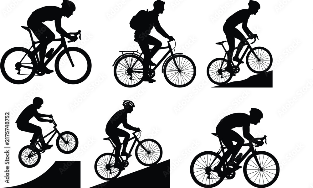 Naklejka premium Dynamic black silhouettes of diverse cyclists showcasing racing, commuting, mountain biking, BMX tricks, and uphill climbing activities for vector illustration design