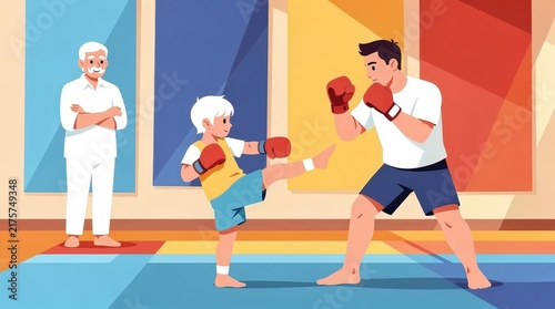Young Boy Practicing Boxing with Coach in Colorful Gym, Bright and Energetic Atmosphere, Observant Elderly Man in Background, Vibrant Color Blocks on Walls, Capturing Determination and Mentorship