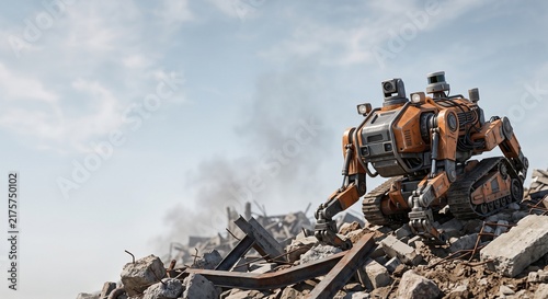 Autonomous heavy industry robot inspecting hazardous structural debris in disaster zone