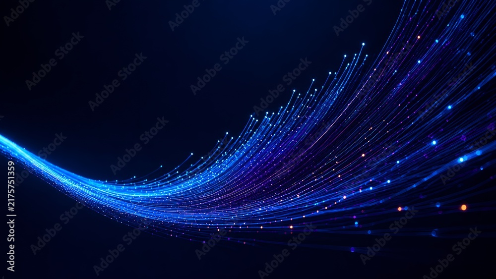 Obraz premium Elegant curved blue fiber optic cables with glowing light particles representing modern telecommunications fast internet connection and flexible digital network communication
