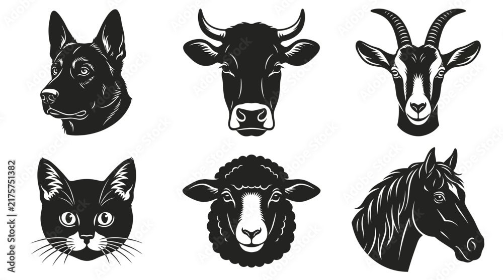 Obraz premium Minimalist Farm and Pet Animal Head Silhouette Icon Set
