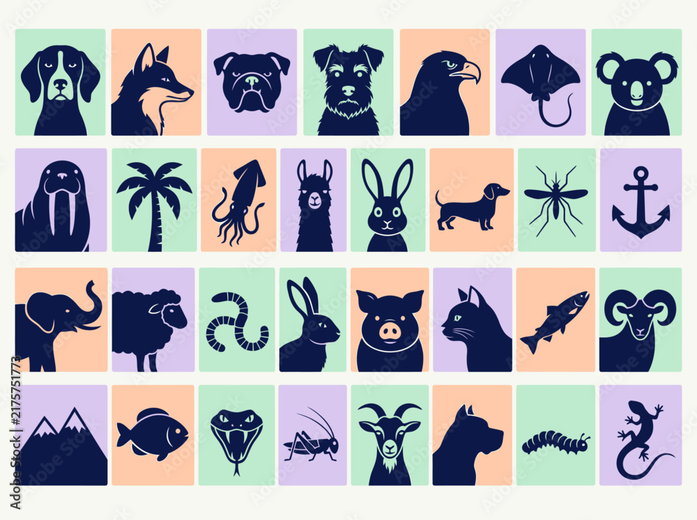 Naklejka premium Minimalist Animal and Nature Icon Set with Colorful Vector Silhouettes