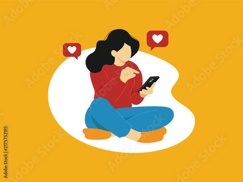 Young Woman Using Smartphone With Social Media Likes