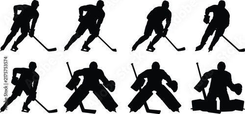Canvas Print Collection of eight black silhouettes featuring ice hockey players and goaltende