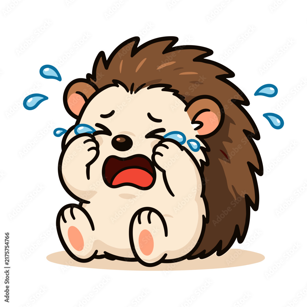 Obraz premium Emotional Hedgehog Crying with Tears, Cute Cartoon Animal Mascot Vector Sticker 