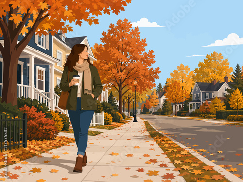 Young woman walking on a scenic suburban sidewalk during a crisp autumn day with colorful foliage