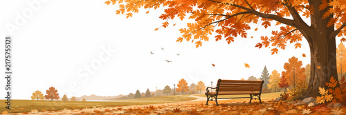 Autumn park landscape with bench under maple tree and falling leaves