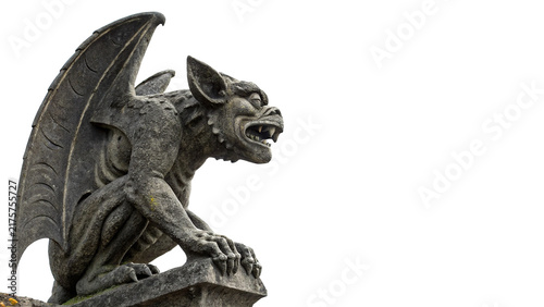 Fotografie Gothic stone gargoyle statue creature sitting sculpture isolated on transparent background for historical architecture fantasy designs