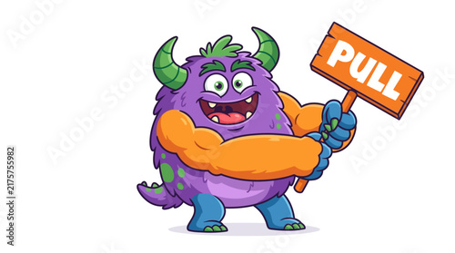 Funny purple monster, cute creature holding pull sign