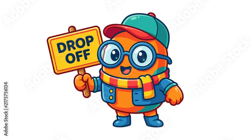 Cute monster mascot, drop off sign, cartoon character