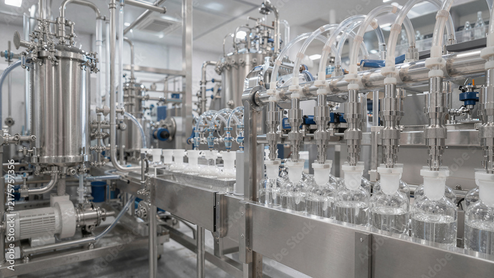 Fototapeta premium Workers operate a production line in a factory that fills bottles with liquids. The setup includes machinery and pipes, working efficiently to process the products