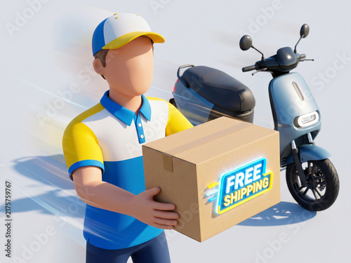 Faceless 3D Courier Handing Over Parcel with Free Shipping Badge