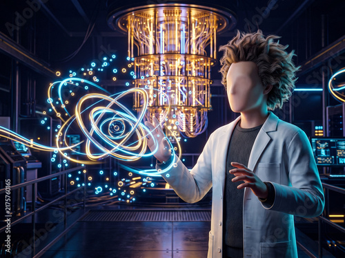 Faceless 3D Scientist Observing Quantum Processor Particles