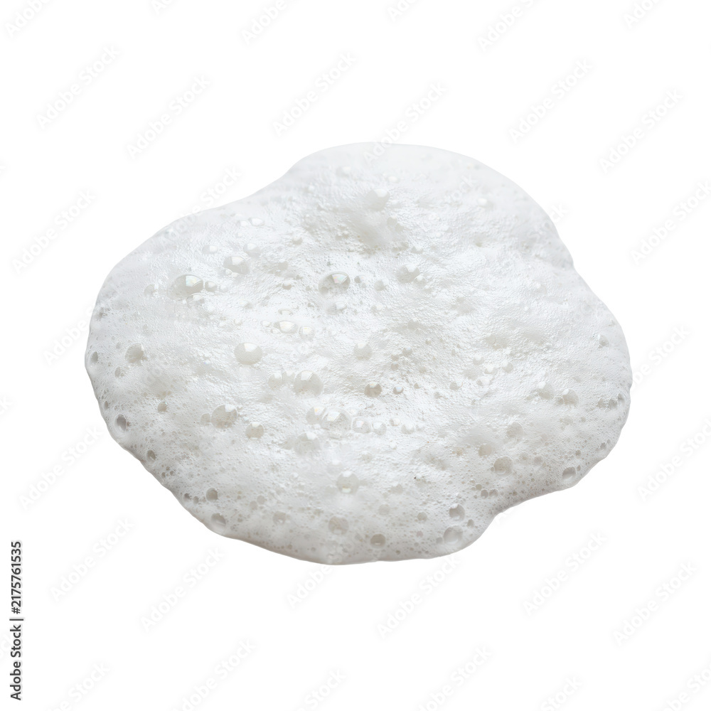 Fototapeta premium Thick white soap suds with bubbles and foam texture on a surface isolated on a transparent background