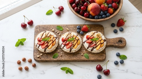 Healthy rice crackers served as delicious fruit and berry sandwiches.