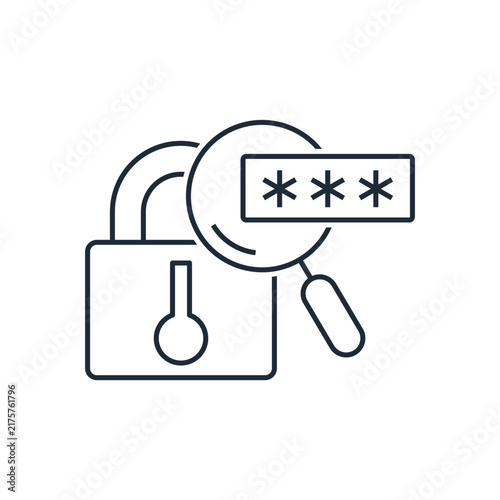 Vector linear icon a closed padlock a magnifying glass inspecting a password input field.Security verification, cybersecurity audit, account access protection,  inspection privacy protection. 