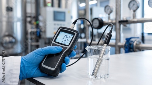 A scientist measuring the pH level of water in a beaker with a digital meter
