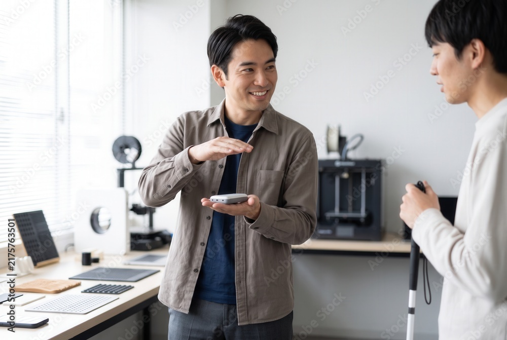 Fototapeta premium Engineer explaining a 3d printed prototype to a visually impaired man, focusing on accessibility design