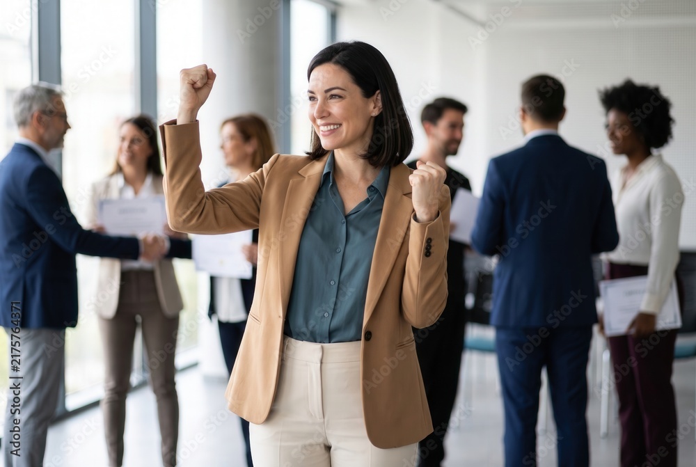 Obraz premium Professional woman celebrating achievement with raised fists, smiling among colleagues
