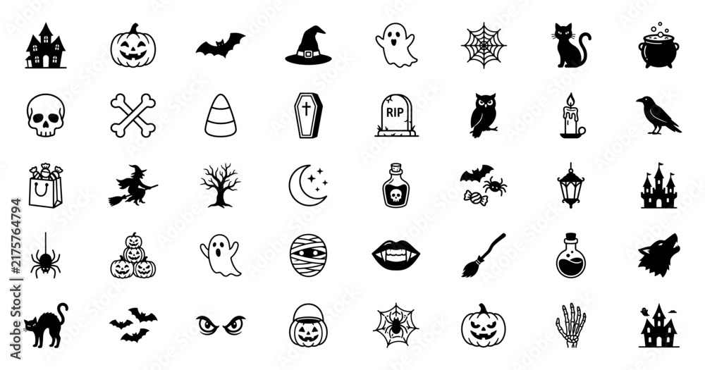 Obraz premium Set of halloween icons, spooky elements, holiday symbols, flat vector illustration