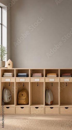 Empty wooden preschool cubbies with copy space