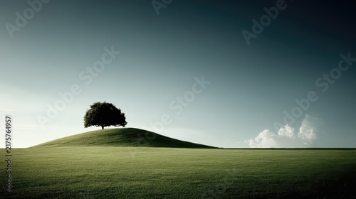 A lone tree stands atop a lush green hill beneath a clear blue sky. Dramatic sunlight and soft clouds enhance this minimalist, tranquil nature landscape.