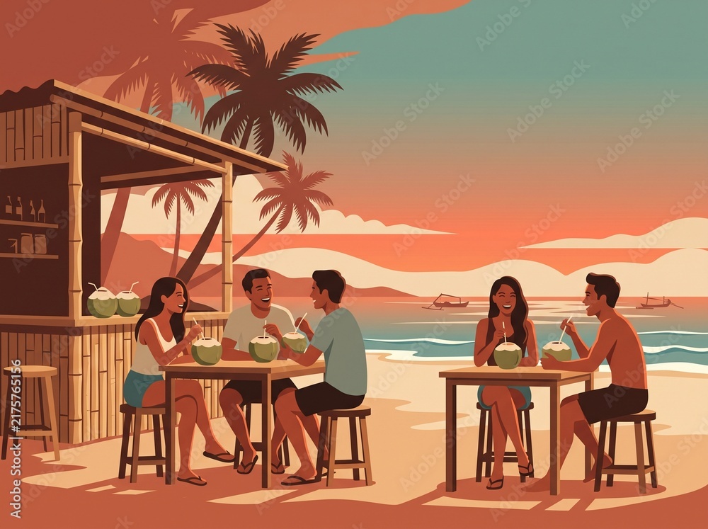 Fototapeta premium Flat vector illustration of a group of friends relaxing and drinking fresh coconuts at a tropical beach bar during sunset.