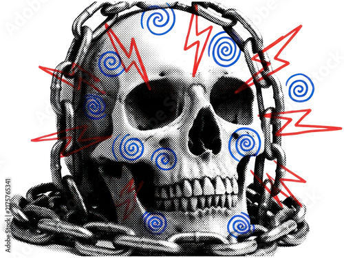 Photography Skull in chains with lightning and swirl doodles.