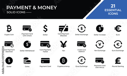 Payment and money solid icons collection for financial transactions, currency exchange, cryptocurrency, banking applications, and user interface design elements.