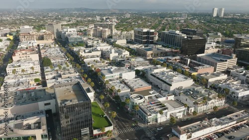 Aerial view of Beverly Hills California featuring luxury retail buildings and palm tree lined streets in daylight.