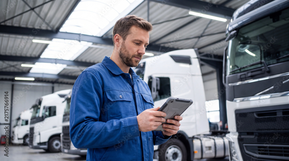 Obraz premium Male technician in blue coveralls using tablet inside a truck garage with multiple large vehicles parked in the background