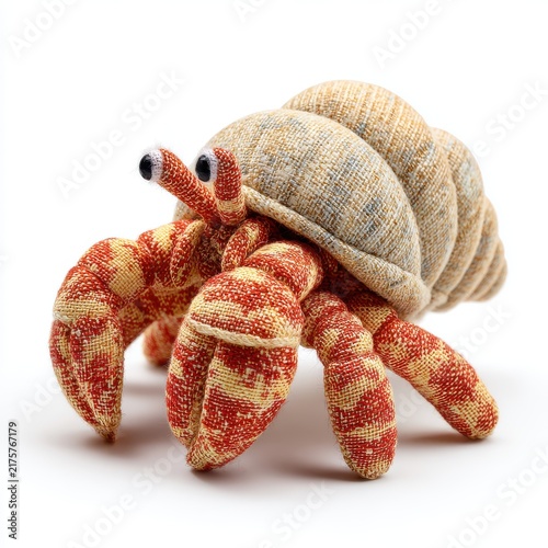 Stuffed Textile Hermit Crab Toy With Red And Yellow Patterns Against A Plain White Background