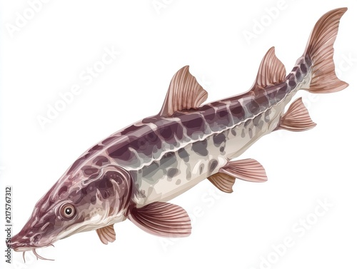 Sturgeon Fish With Mottled Pattern Isolated On A Plain White Background