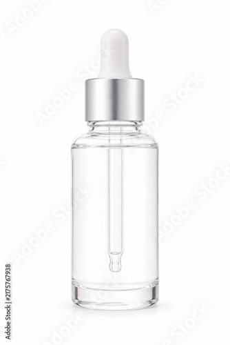 Empty glass dropper bottle on white background