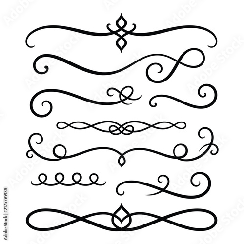 Vintage Calligraphic Text Dividers Vector Set, Decorative Flourishes and Swirls Borders for Wedding Cards and Page Ornament