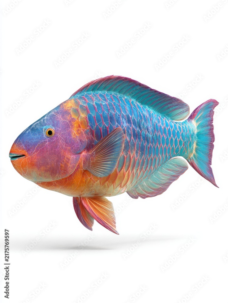Fototapeta premium Vibrant Colorful Parrotfish Swimming Isolated On A Plain White Background