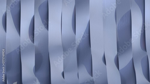 A minimalist vertical blue ribbons with soft wavy curves and fine linear textures creating geometric shadows. 3D Render Seamless Loop Animation