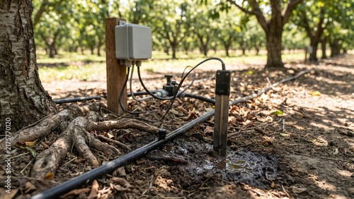 Bild auf Leinwand Soil moisture sensors controlling orchard drip irrigation