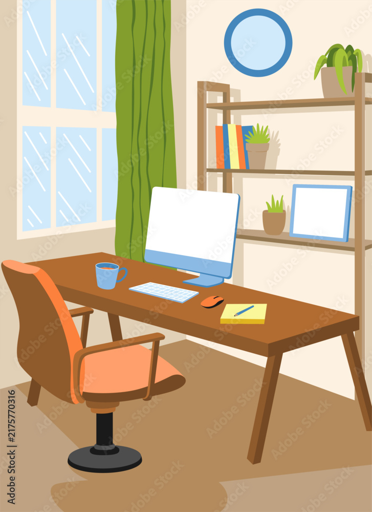 Fototapeta premium Home Office Workspace with Computer and Bookshelf Illustration