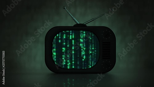 3D render loop animation of a vintage CRT television displaying cascading green digital code. Retro electronics meet cyberpunk aesthetics, creating a nostalgic visualization of computing and data