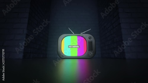 Old TV showing generic custom-designed test grid with No Signal message. 3D Render Seamless Loop Animation