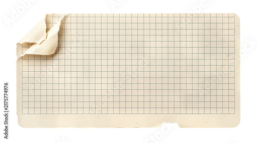 Konstfotografi Vintage graph paper sticker with curled corner, aged yellowed grid paper label,