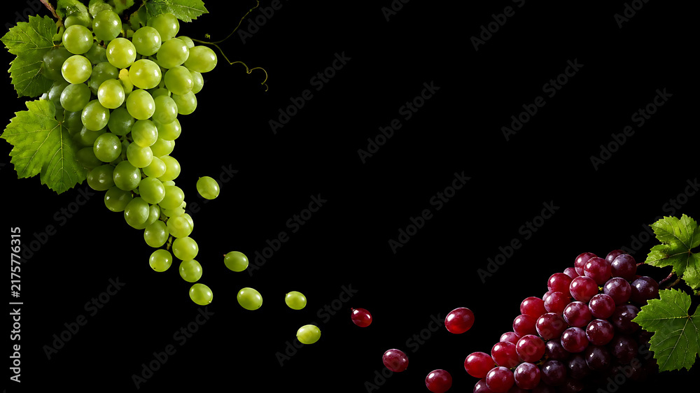 Obraz premium Fresh green grapes cascading gracefully from the upper left toward a rich red grape cluster in the lower right, dynamic flowing composition, realistic individual grapes