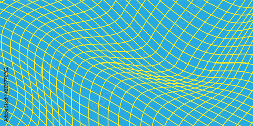 Abstract blue background with distorted yellow grid lines. 3D distorted mesh wave optical illusion line pattern vector illustration design.