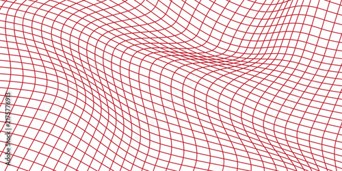 Abstract white background with distorted red grid lines. 3D distorted mesh wave optical illusion line pattern vector illustration design.