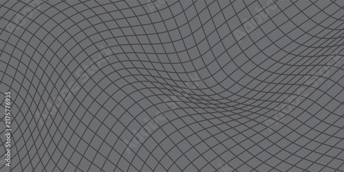 Abstract dark grey background with distorted grid lines. 3D distorted mesh wave optical illusion line pattern vector illustration design.